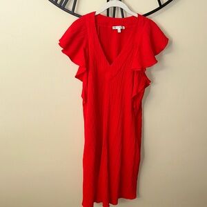 Sandra Darren Red Midi Dress with Ruffle Sleeves